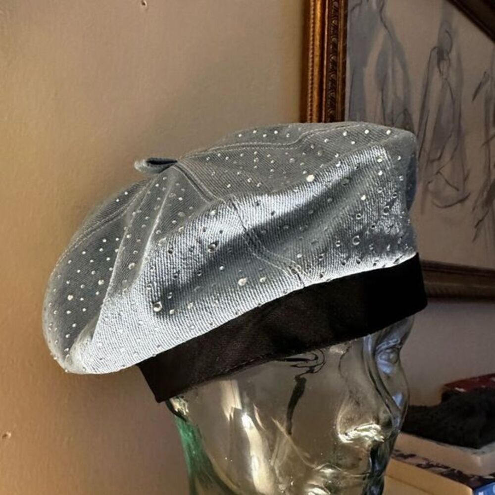 Light Blue Denim Beret with Rhinestones and Black Band